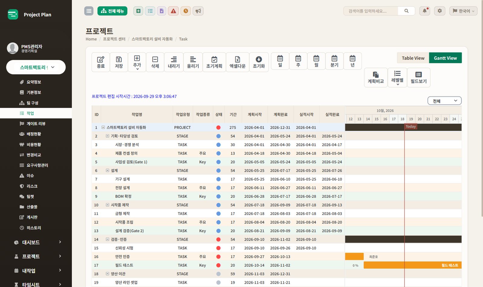 Project Plan WBS 간트차트 화면 — 회사 표준 템플릿으로 계획을 세우고, 웹에서 바로 일정과 진척률을 고칩니다.